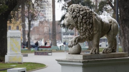   León de mármol de parque Italia de Valparaíso perdió su cola 